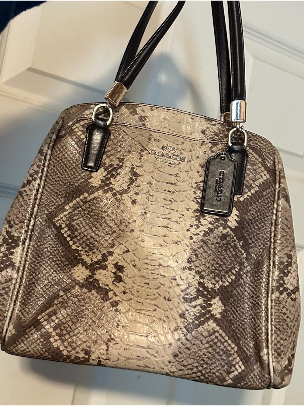 Coach Taupe and Brown Python-Print Leather Shoulder Bag
